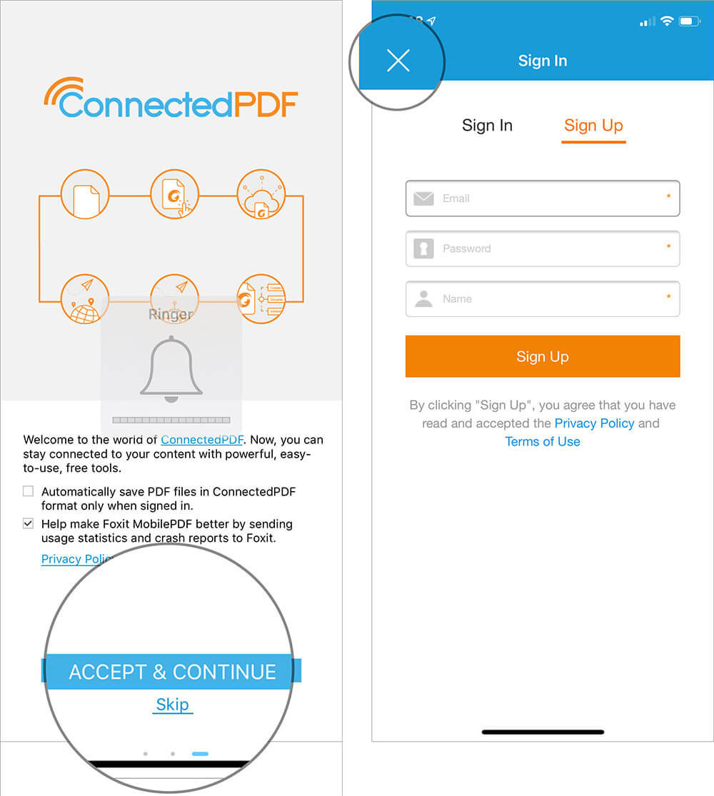 Agree the Terms and Conditions and ignore sign up option in iOS Foxit MobilePDF App