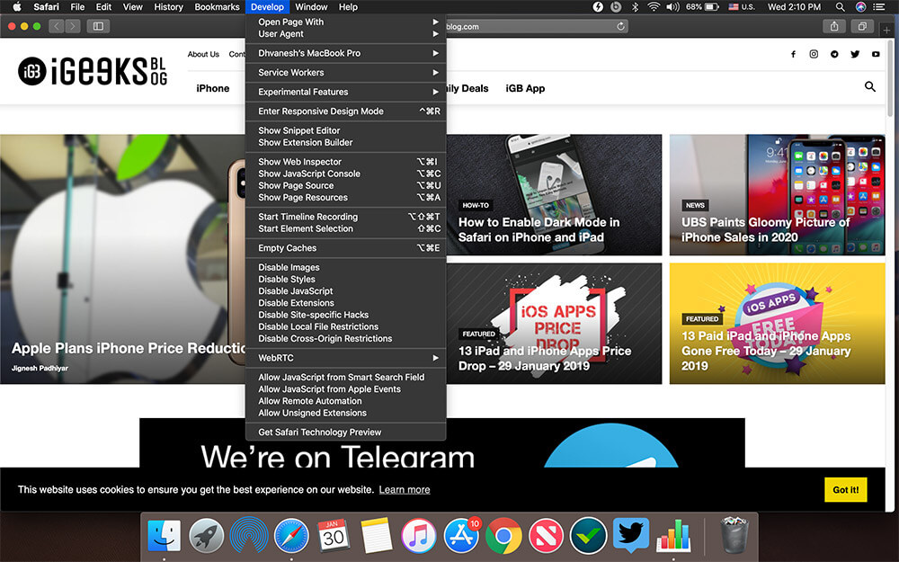 Enable Develop Menu in Safari on Mac