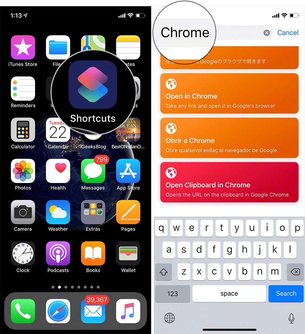 Open Shortcuts App and Search for Chrome on iPhone or iPad