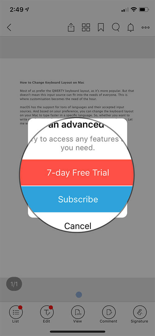 Select 7 day Free Trial Option in Foxit MobilePDF App