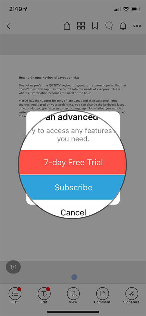Select 7 day Free Trial Option in Foxit MobilePDF App