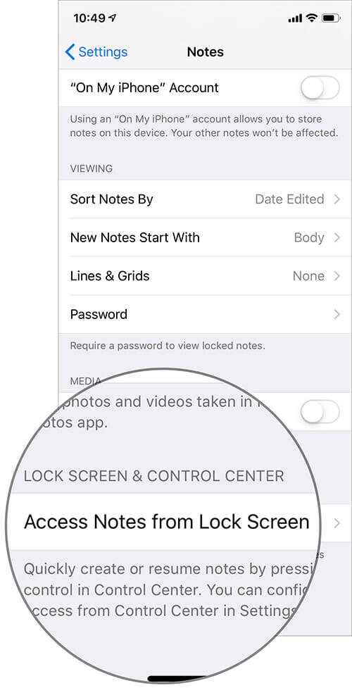 Tap on Access Notes from Lock Screen in iPhone Notes Settings