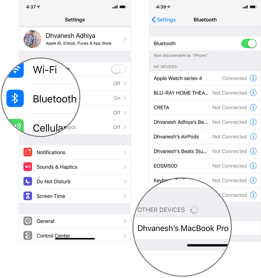Tap on Bluetooth Then MacBook Pro on iPhone or iPad