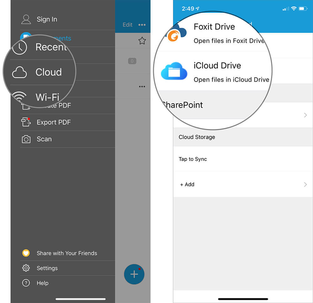 Tap on Cloud and Select the iCloud Drive in Foxit MobilePDF Menu