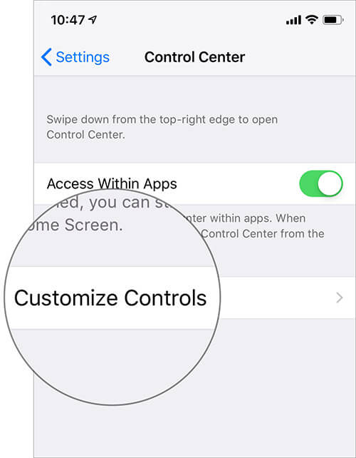 Tap on Customize Controls Under Control Center Settings on iPhone