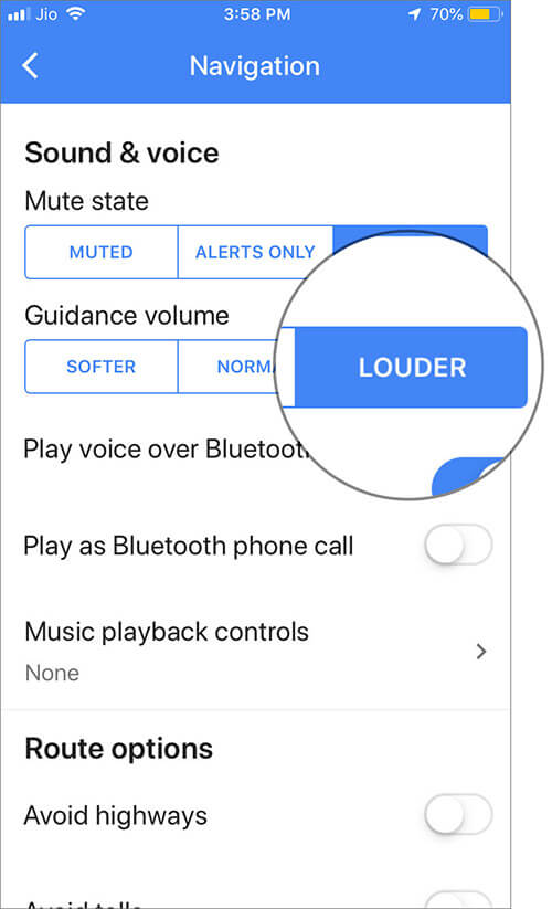 Tap on LOUDER to Increase Navigation Volume in Google Maps on iPhone or iPad