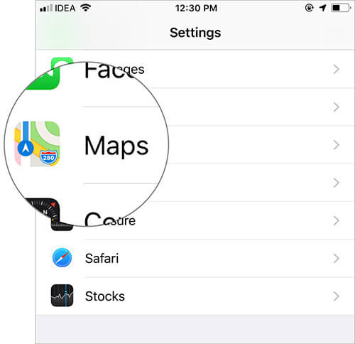 Tap on Maps in iOS 12 Settings