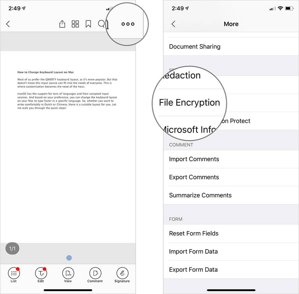 Tap on More button and Select File Encryption in File on iPhone