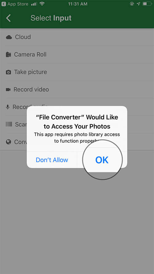 Tap on OK to Access your Photos in File Converter App