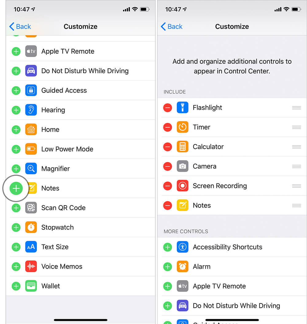 Tap on Plus Button to Add Notes in Control Center on iPhone