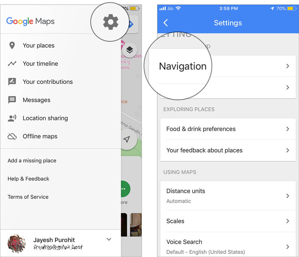 Tap on Settings and Navigation in Google Maps App