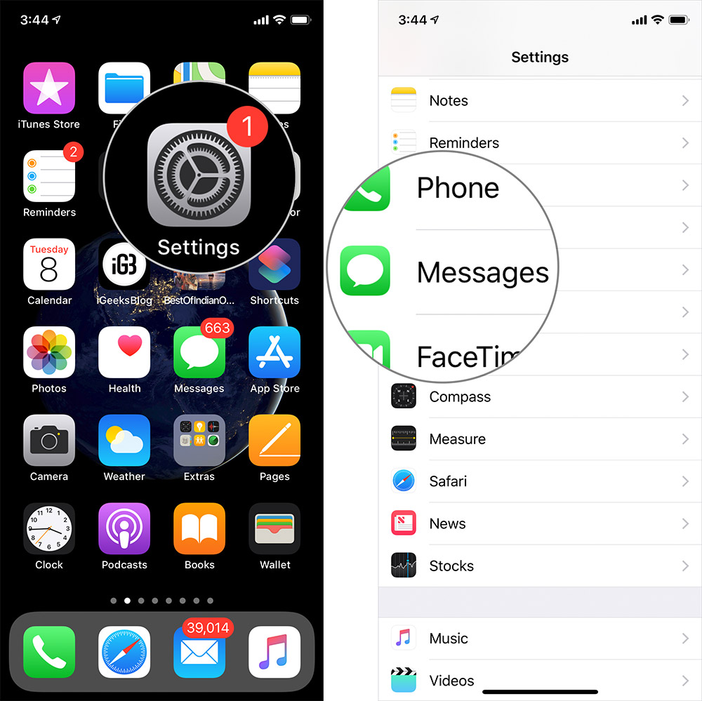 Tap on Settings then Messages on iPhone or iPad