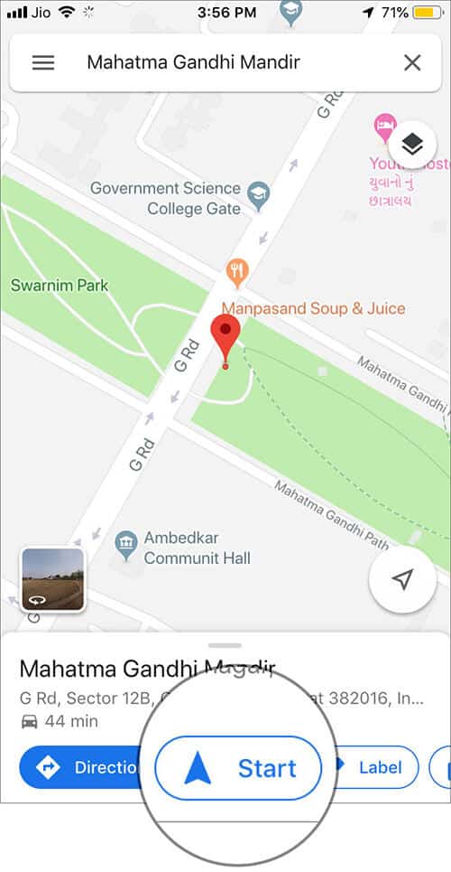 Tap on Start to Use navigation in the Google Maps app