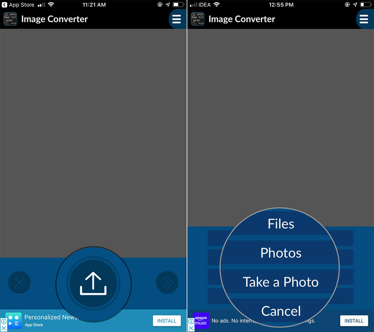 Tap on up arrow and Choose Photos in iOS Image Format Converter App
