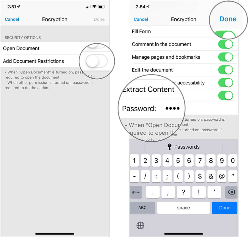 Turn ON Add Document Restrictions Switch and Add Password to Encrypt PDF File on iPhone