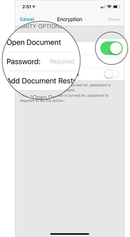 Turn ON Open Document Switch and Add Password to Protect a PDF File on iPhone