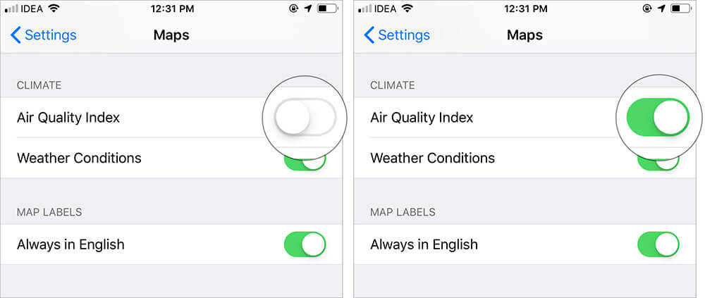 Turn ON Switch Next to Air Quality Index in Apple Maps Settings