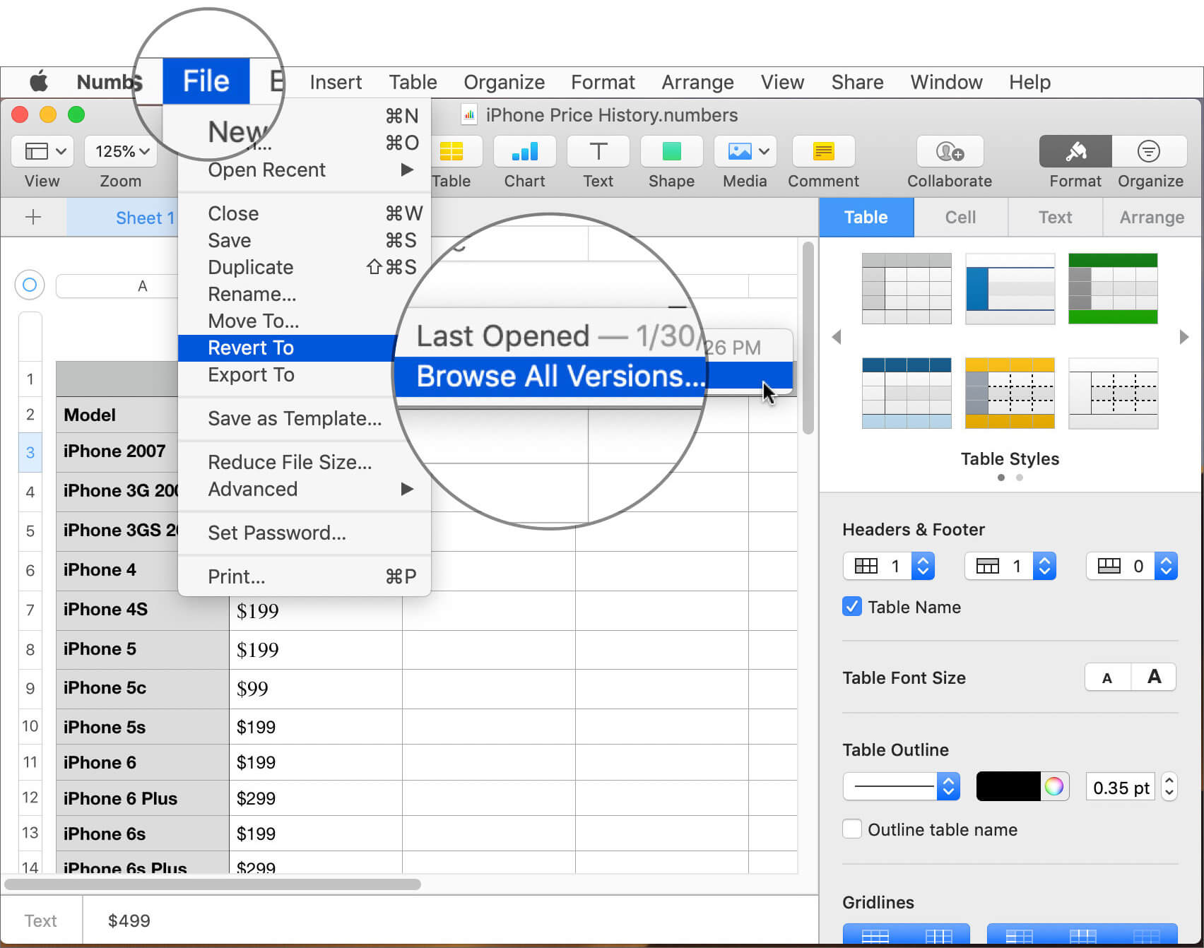 Click on file then revert to and select browse all version in mac numbers app