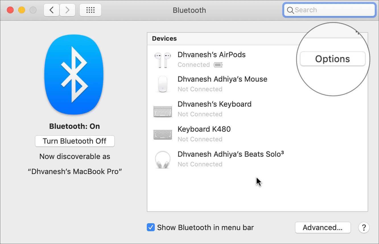 Click on Options next to Paired AirPods in Bluetooth Settings on Mac