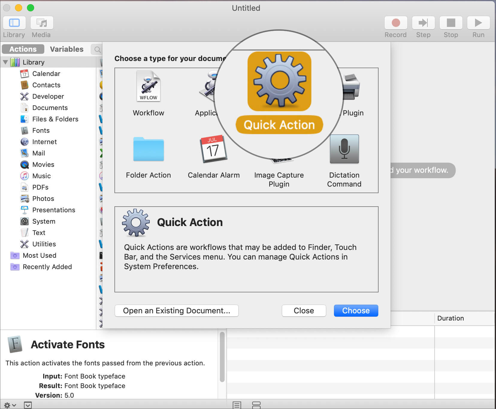 Double Click on Quick Action in Mac Automator App