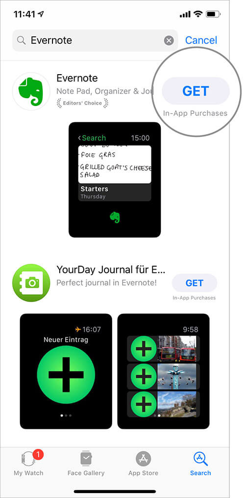 Download Evernote App from Watch App Store