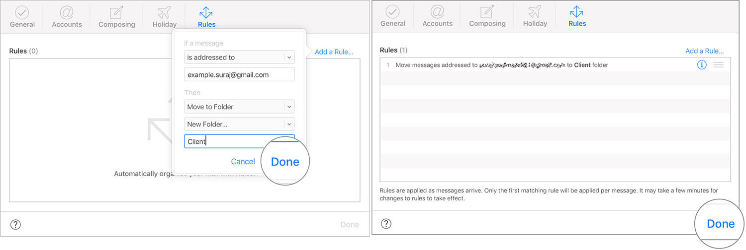 Enter the Email and Click on Done in iCloud Rules Settings