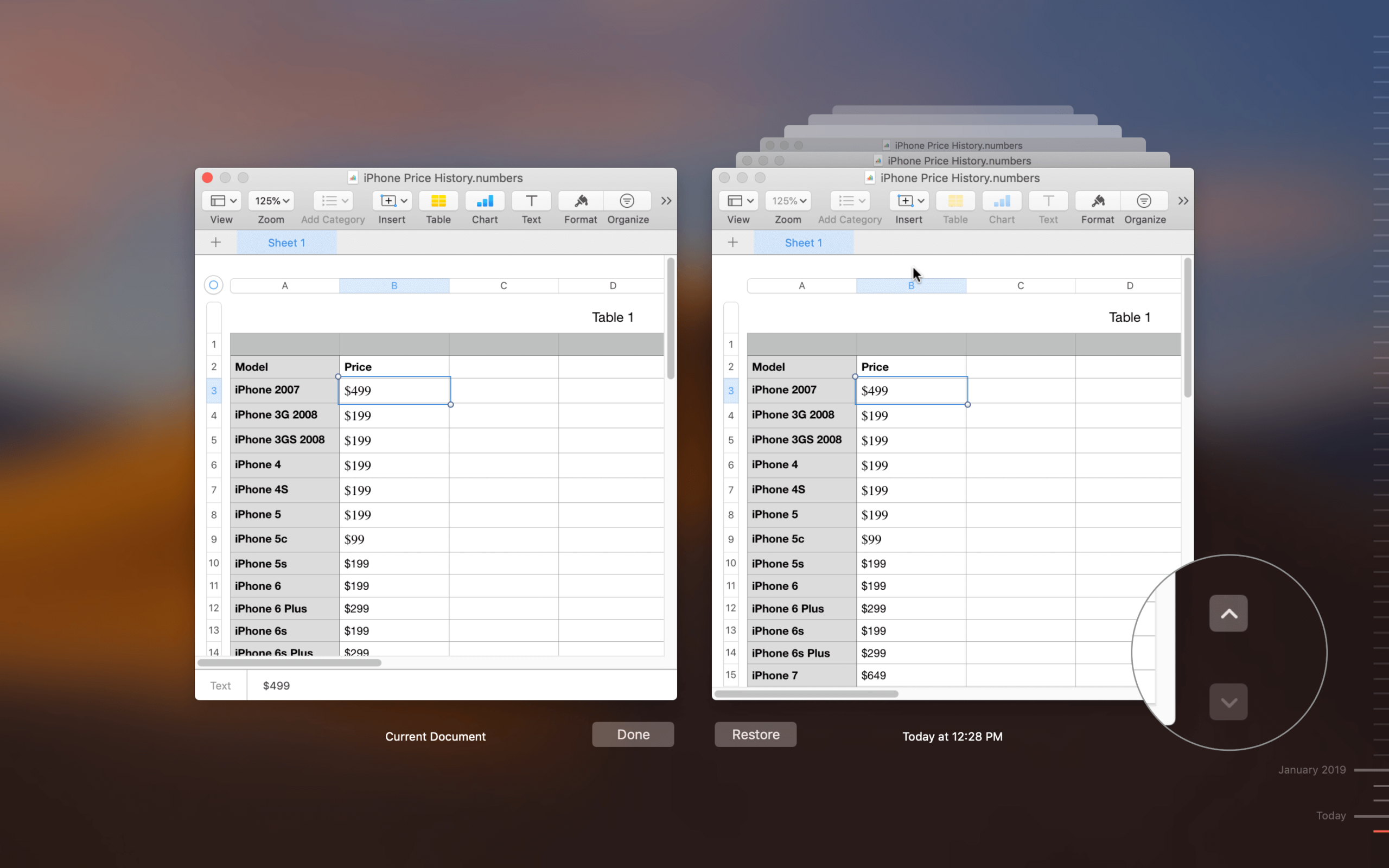 Find the previous version file in mac numbers app settings