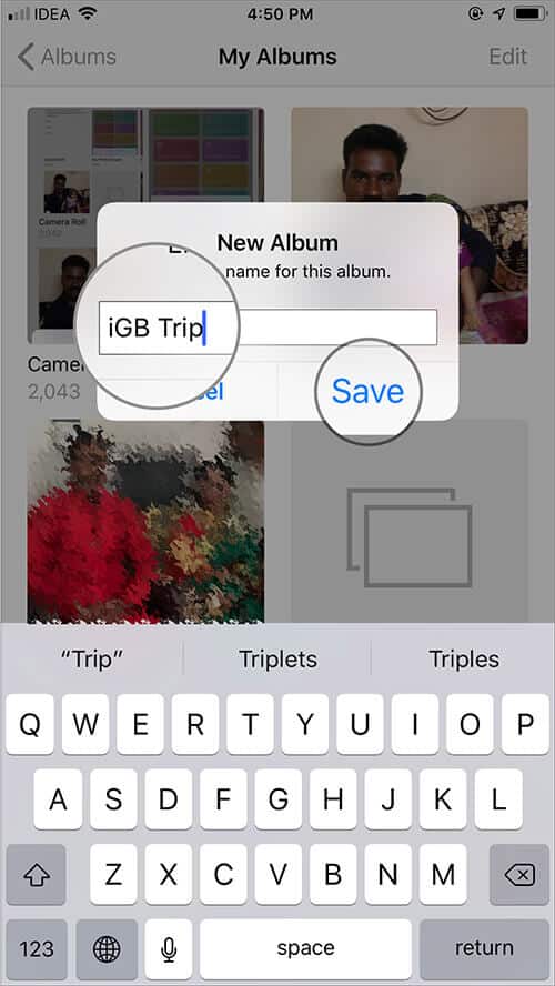 Name Your New Album and Tap on Save in iOS Photos App