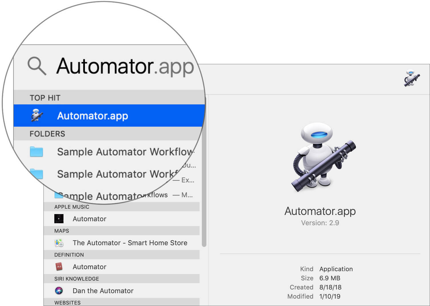 Open Automator app using Spotlight Search on Mac