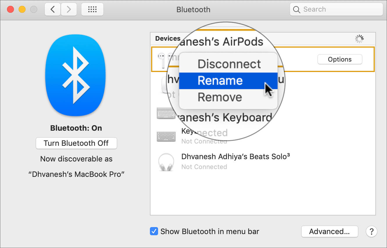 Right click on AirPods name and choose Rename in Mac Bluetooth