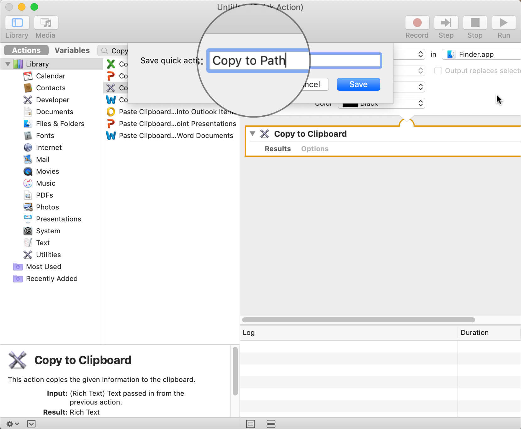 Save the Settings as a Copy to Path in Mac Automator App