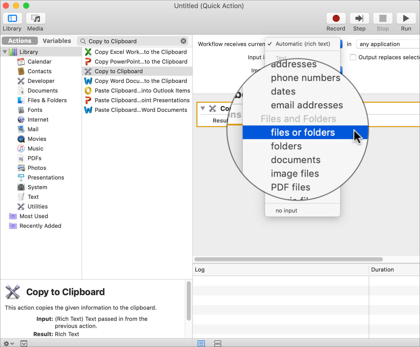 Select files or folder from Workflow receives current menu in Mac Automator App