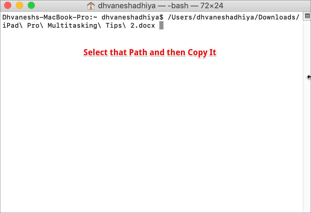 Select the File path to copy in Mac Terminal App