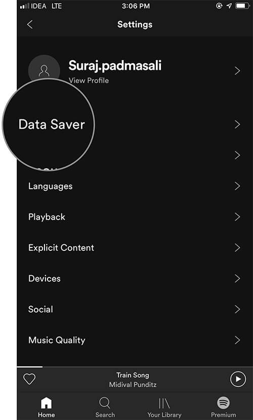 Tap on Data Saver in iOS Spotify app