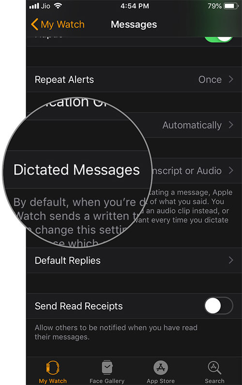 Tap on Dictated Messages in Watch App on iPhone