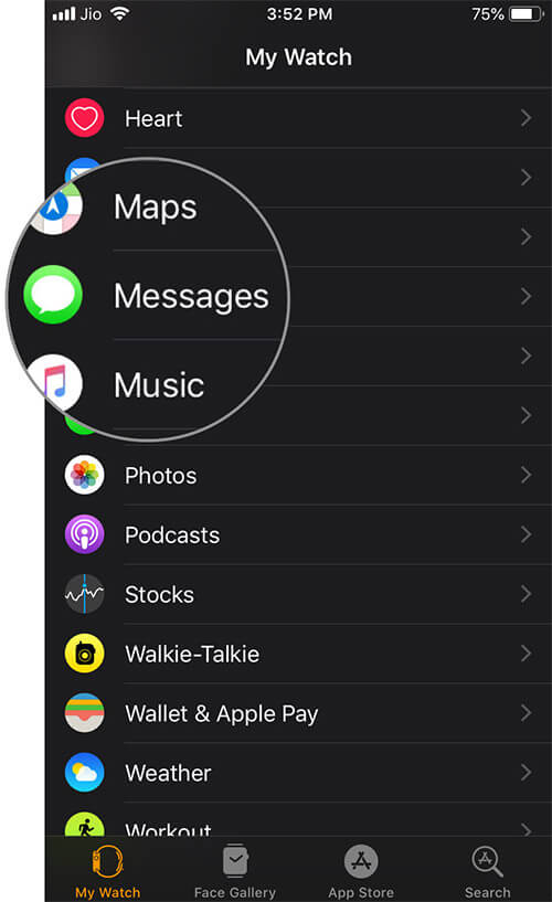 Tap on Messages in Watch App on iPhone