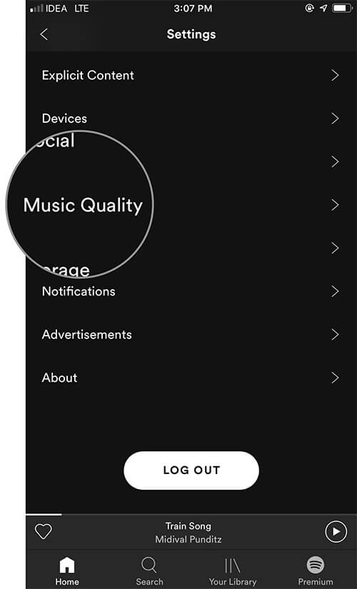Tap on Music Quality in iOS Spotify app