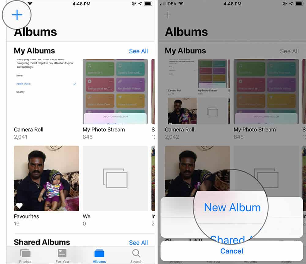 Tap on Plus Icon and New Album in iOS Photos App