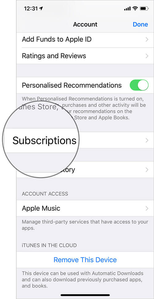 Tap on Subscriptions to Access App Store Subscriptions from Settings App