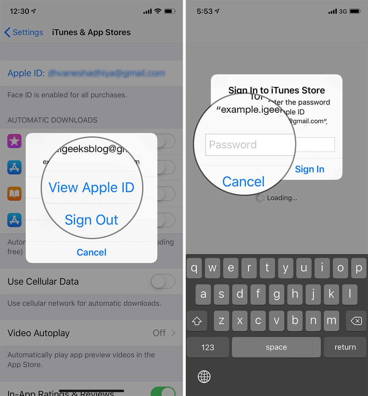 Tap on View Apple ID then authenticate your account in iTunes & App Store Settings