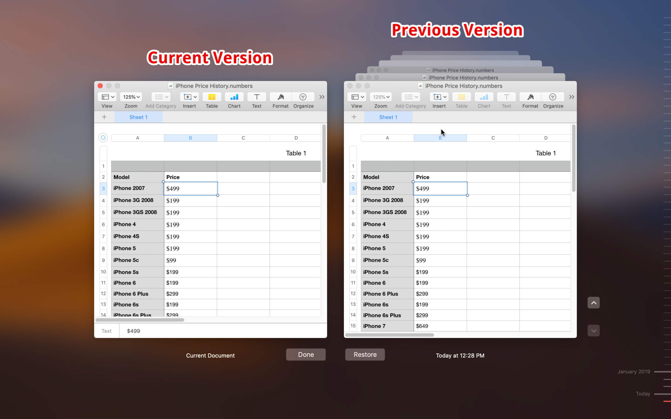 You can see current and previous version of your files on mac