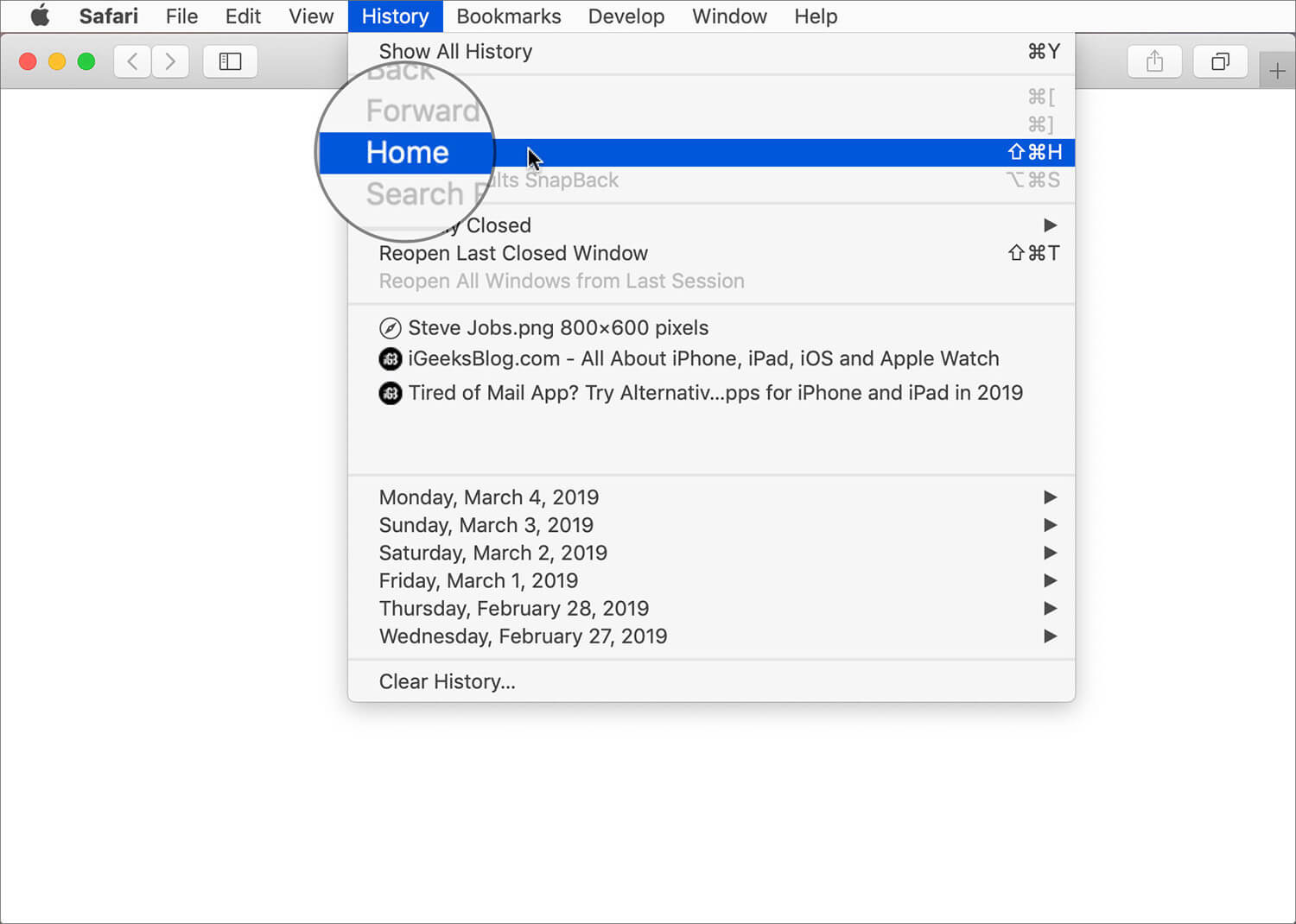 Click History and Choose Home in Safari on Mac