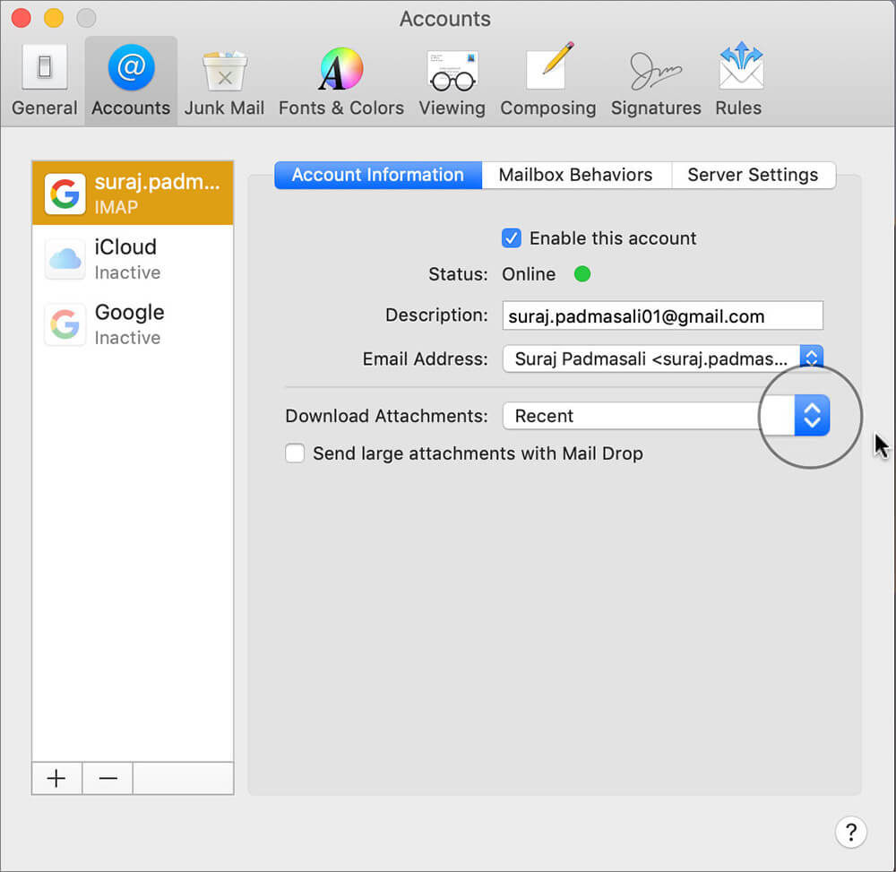 Click on Drop down Menu Next to Download Attachments in Mail app on Mac
