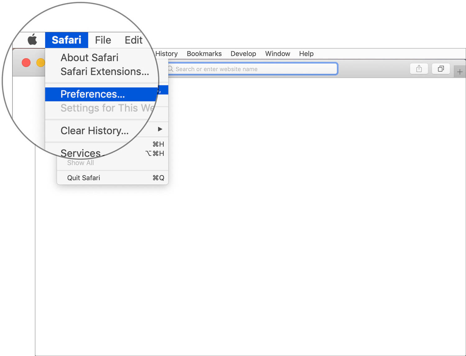 Click on Safari menu bar and choose Preferences on Mac