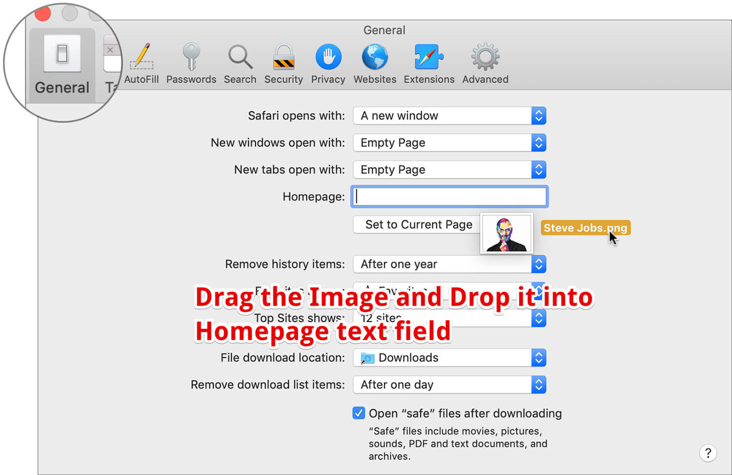Drag Image and drop it to Set an Image as Homepage in Safari on Mac