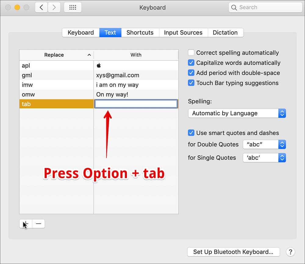 Enter the tab character in Mac Keyboard Shortcuts