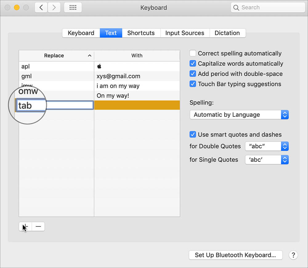 In Replace field, enter tab in Mac Keyboard Settings