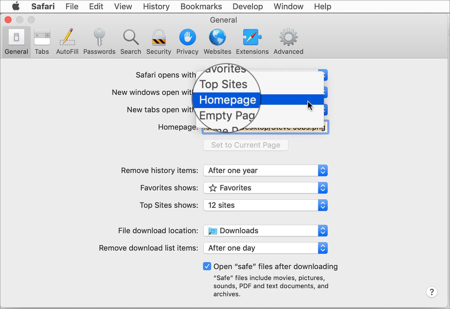 Set new tap open as Safari Homepage on Mac