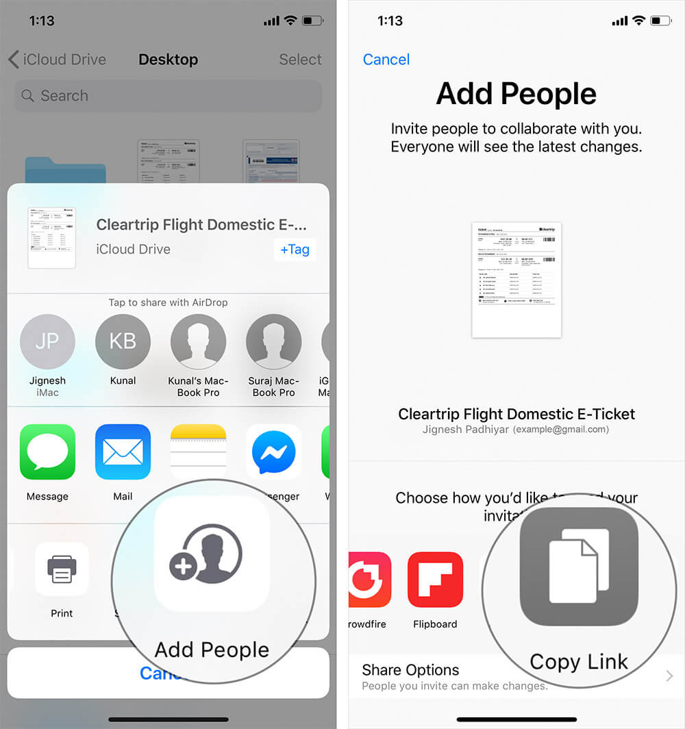 Tap on Add People then Tap on Copy Link in iCloud on iPhone or iPad