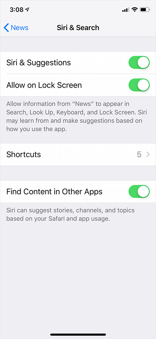 Siri & Search Settings for Apple News